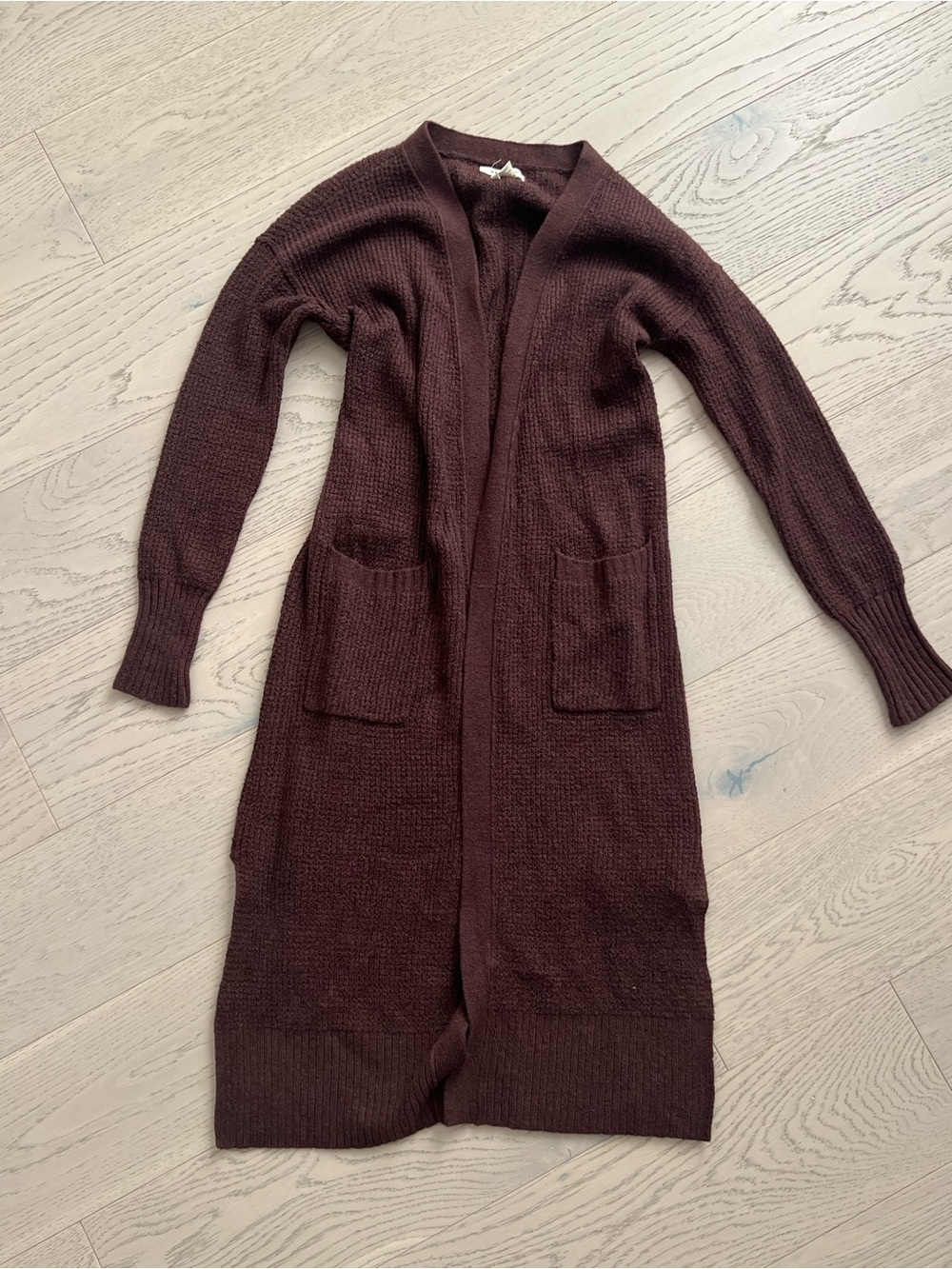 Long Open-Front Knit Cardigan in Deep Brown